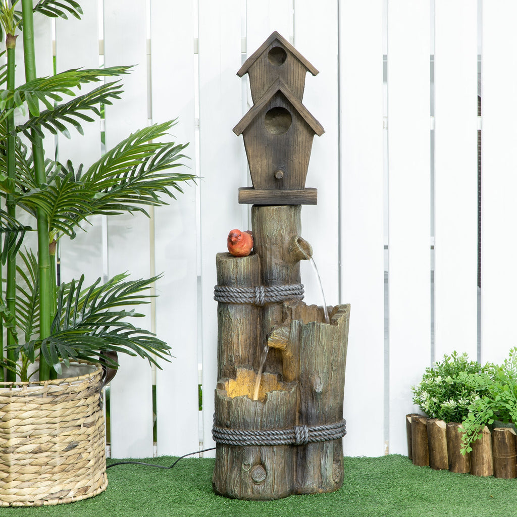 Garden Waterfall Bird Bath Fountain with 3-Tier Rustic Tree Trunk, LED Lights, Brown
