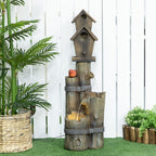 Garden Waterfall Bird Bath Fountain with 3-Tier Rustic Tree Trunk, LED Lights, Brown