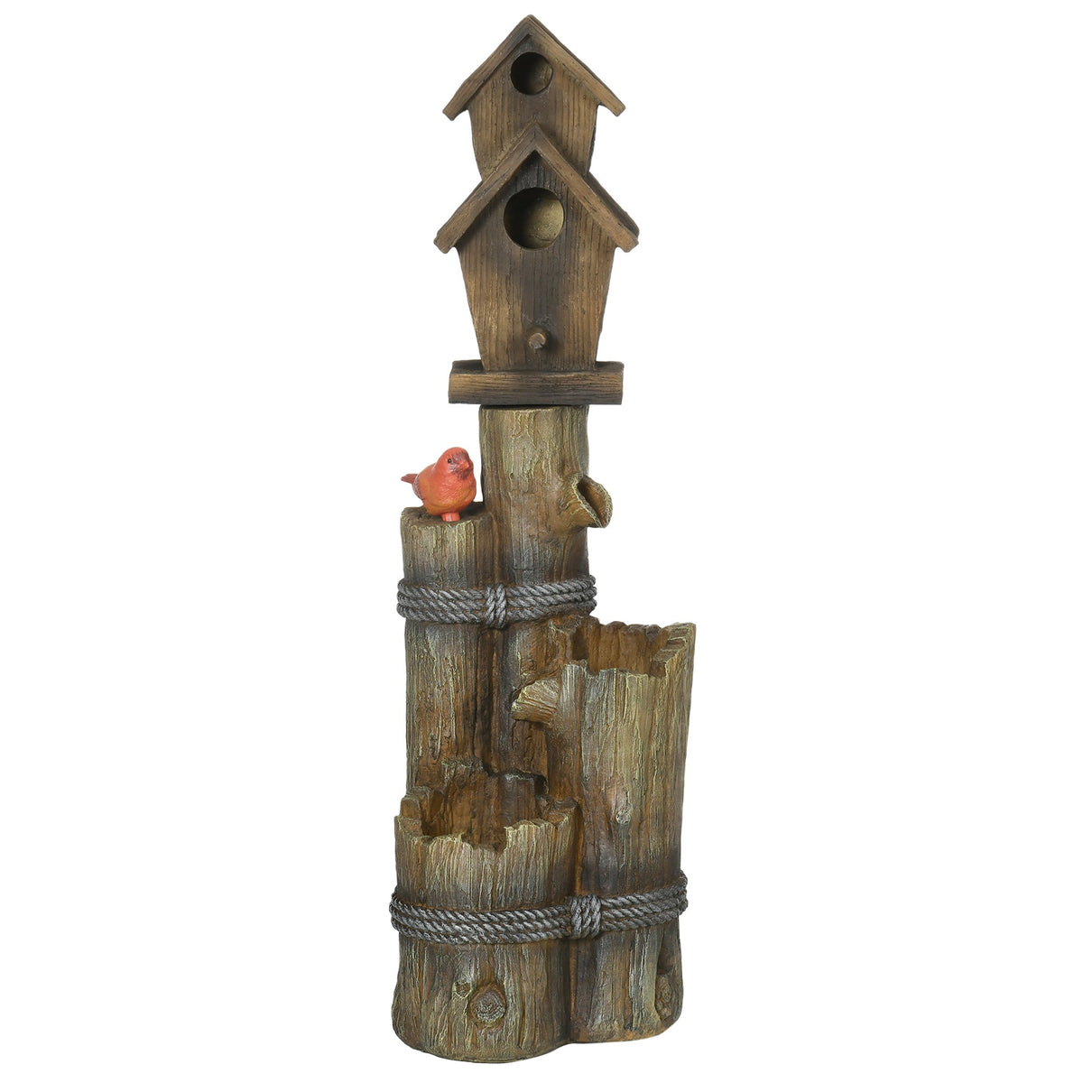 Garden Waterfall Bird Bath Fountain with 3-Tier Rustic Tree Trunk, LED Lights, Brown