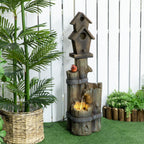 Garden Waterfall Bird Bath Fountain with 3-Tier Rustic Tree Trunk, LED Lights, Brown