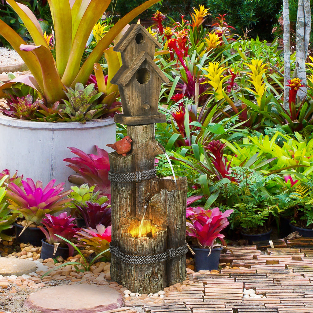 Garden Waterfall Bird Bath Fountain with 3-Tier Rustic Tree Trunk, LED Lights, Brown