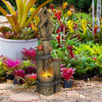 Garden Waterfall Bird Bath Fountain with 3-Tier Rustic Tree Trunk, LED Lights, Brown