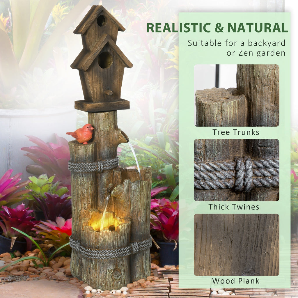 Garden Waterfall Bird Bath Fountain with 3-Tier Rustic Tree Trunk, LED Lights, Brown