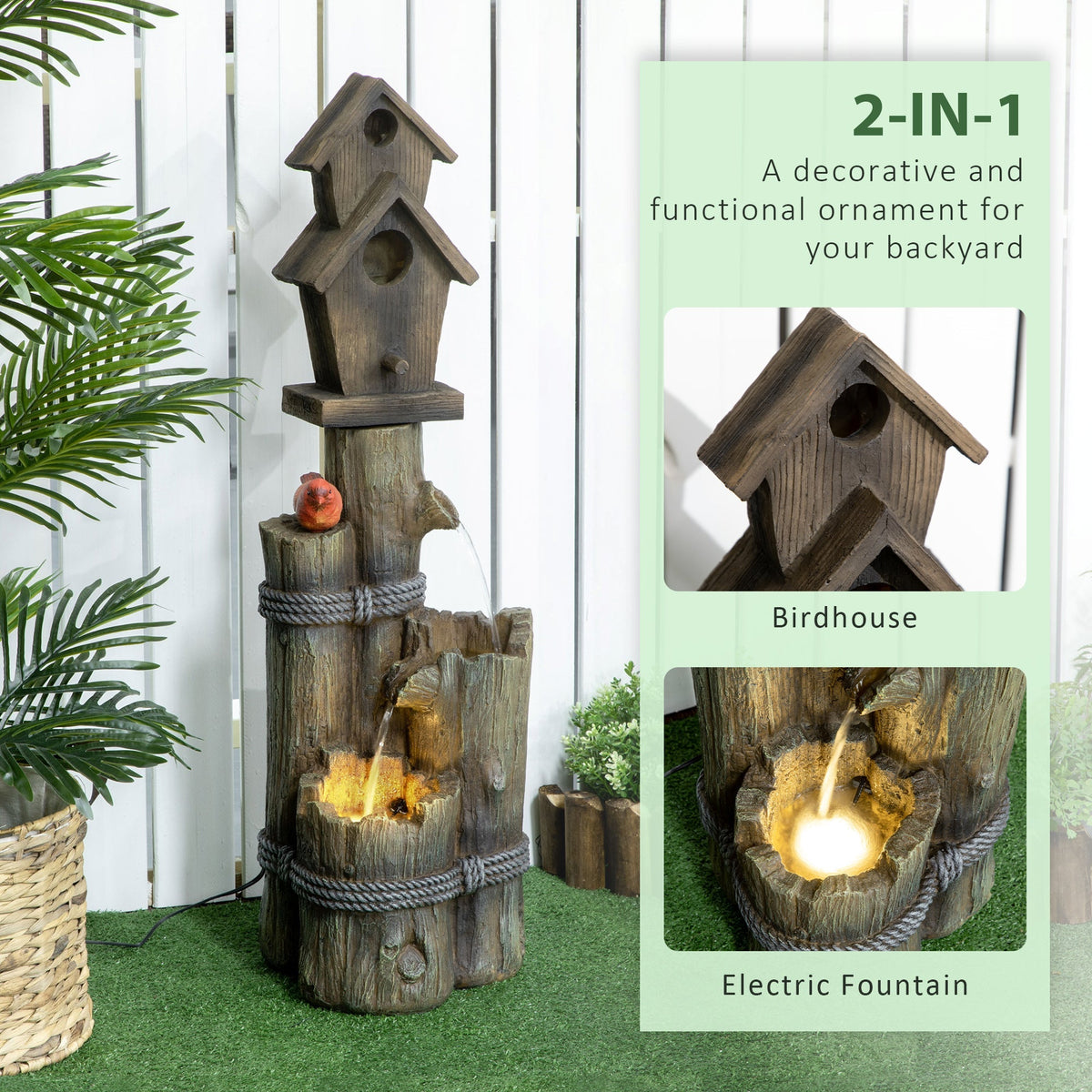 Garden Waterfall Bird Bath Fountain with 3-Tier Rustic Tree Trunk, LED Lights, Brown
