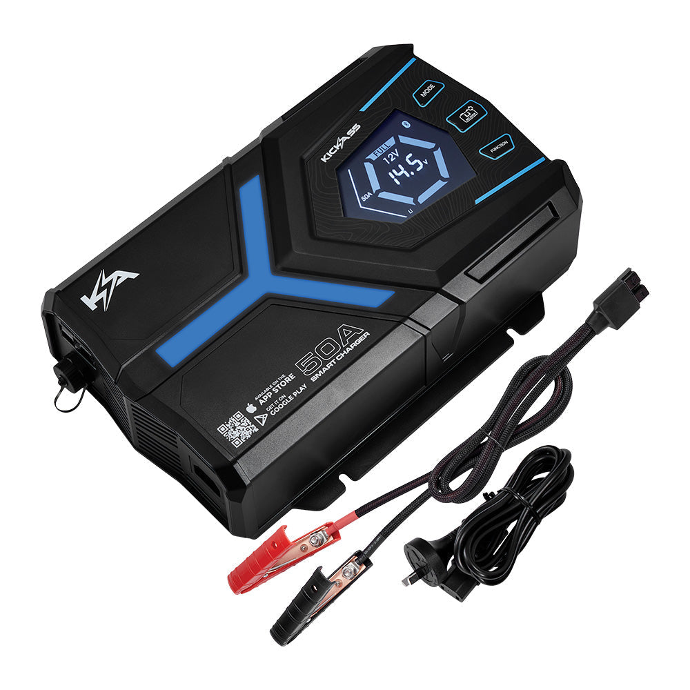 KickAss Flexicharge 12V 50A ACDC Smart Battery Charger For Lead Acid, AGM & Lithium Batteries + Integrated Bluetooth