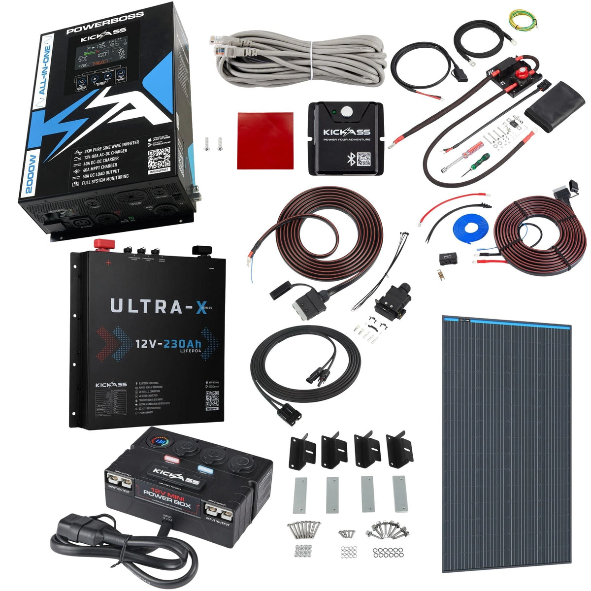 KickAss PowerBoss 2000W System with Bluetooth, DCDC Wiring Kit & 230Ah Slimline Lithium Power Setup