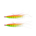 Two brightly colored Kenders Kick Fly fishing lures in green, yellow, and orange hues with multiple strands and curved hooks for musky fishing tackle.