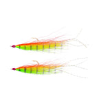 Two brightly colored Kenders Kick Fly fishing lures in green, yellow, and orange hues with multiple strands and curved hooks for musky fishing tackle.