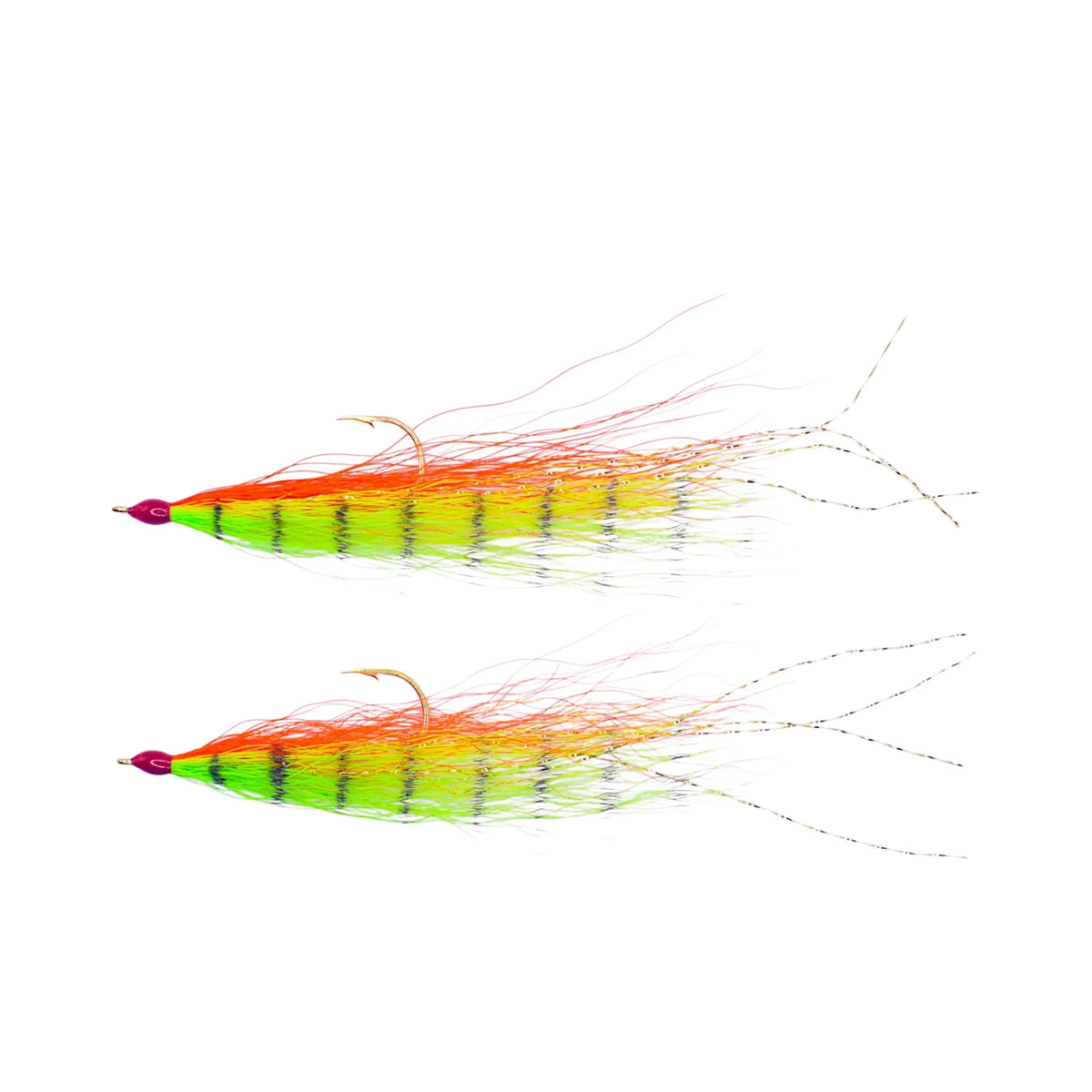 Two brightly colored Kenders Kick Fly fishing lures in green, yellow, and orange hues with multiple strands and curved hooks for musky fishing tackle.