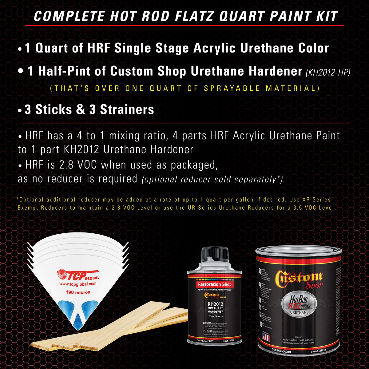 Monza Red - Hot Rod Flatz Flat Matte Satin Urethane Auto Paint - Complete Quart Paint Kit Coating, 4:1