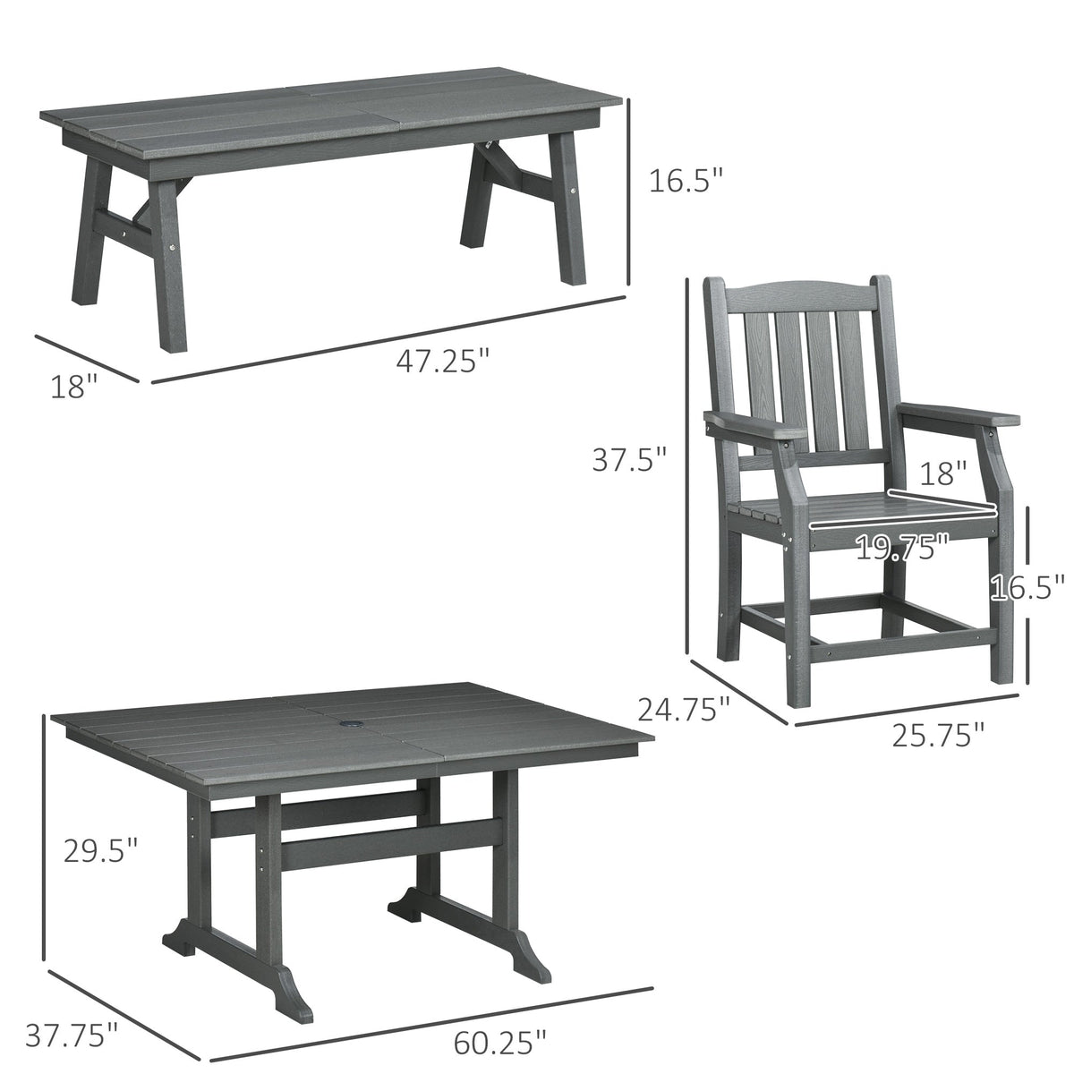 6-Seater Outdoor Dining Set with Loveseat, Umbrella Hole & Cushioned Seating, Dark Gray