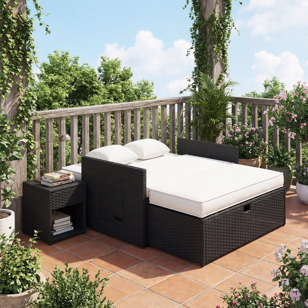 Rattan Garden Daybed with Ottoman, Retractable Trays & Cushions, Cream White