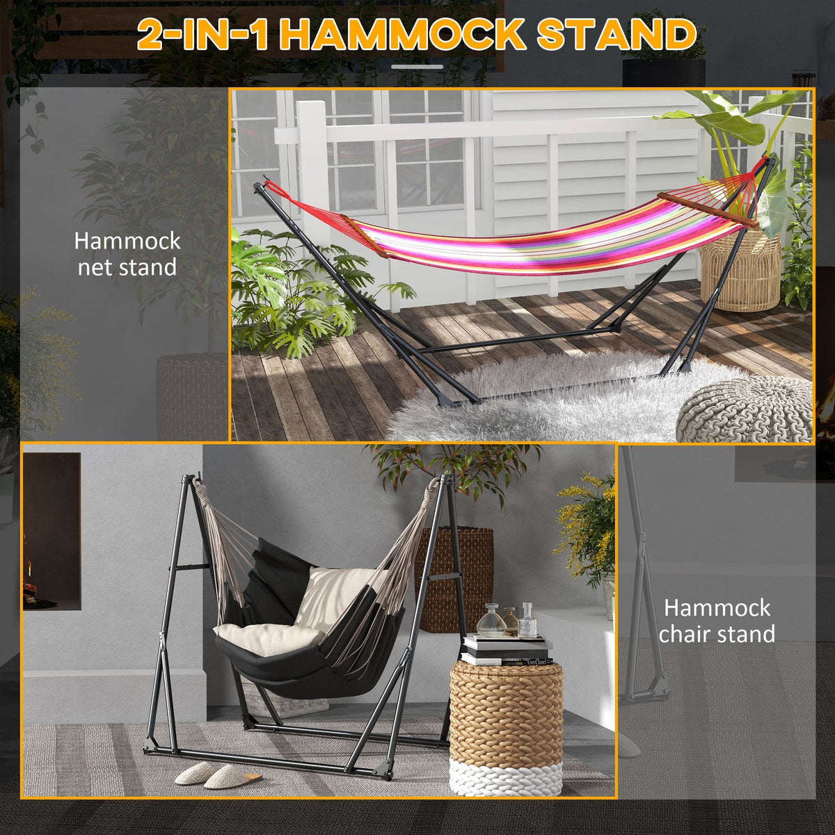 Foldable Hammock Stand, Portable Hammock with Metal Frame, 2 in 1 Hammock Net Stand, Hammock Chair Stand with Carry Bag, Load Capacity 120kg, for Patio, Garden, Yard, Black