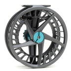Lamson Liquid Max fly fishing reel in gray with turquoise accents, featuring a large arbor design and lightweight, durable construction for smooth line retrieval.