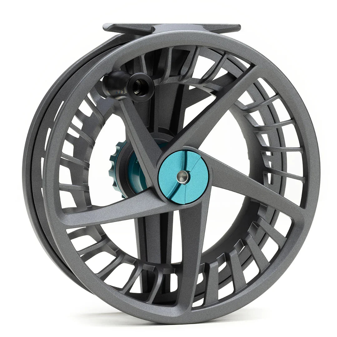 Lamson Liquid Max fly fishing reel in gray with turquoise accents, featuring a large arbor design and lightweight, durable construction for smooth line retrieval.