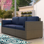 3-Seater PE Wicker Outdoor Sofa with Deep Seating & Removable Cushions, Navy Blue