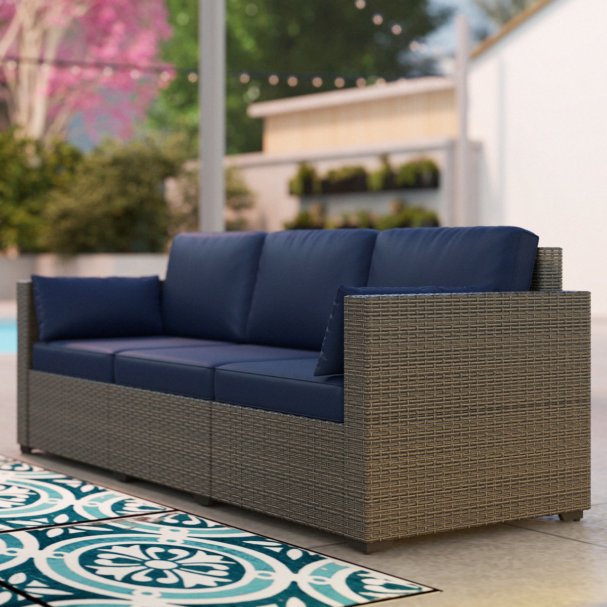 3-Seater PE Wicker Outdoor Sofa with Deep Seating & Removable Cushions, Navy Blue