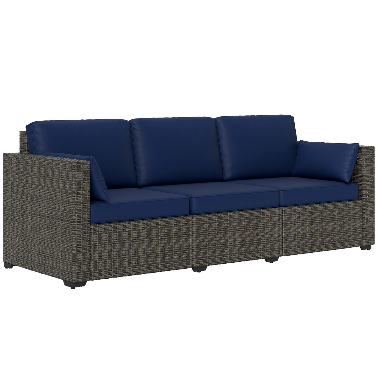 3-Seater PE Wicker Outdoor Sofa with Deep Seating & Removable Cushions, Navy Blue