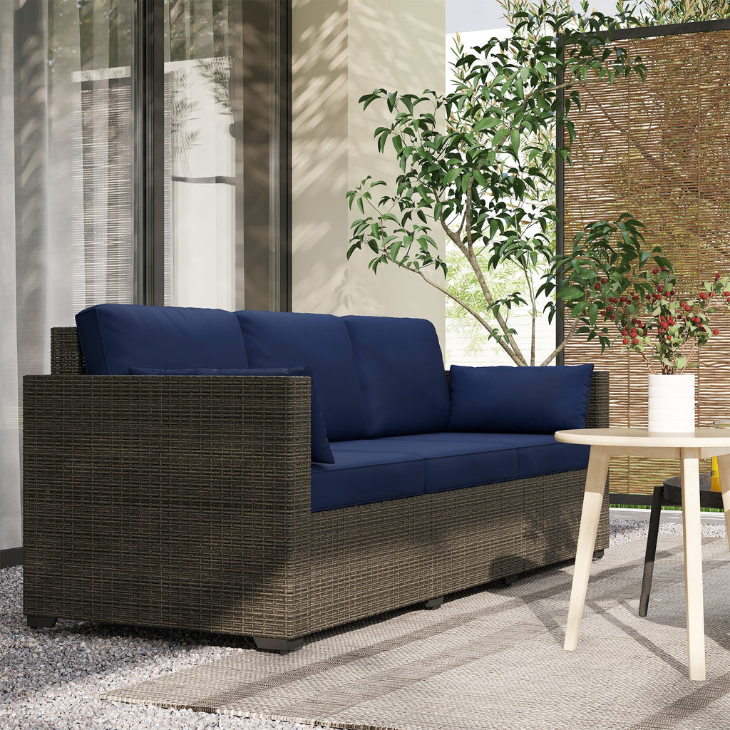 3-Seater PE Wicker Outdoor Sofa with Deep Seating & Removable Cushions, Navy Blue