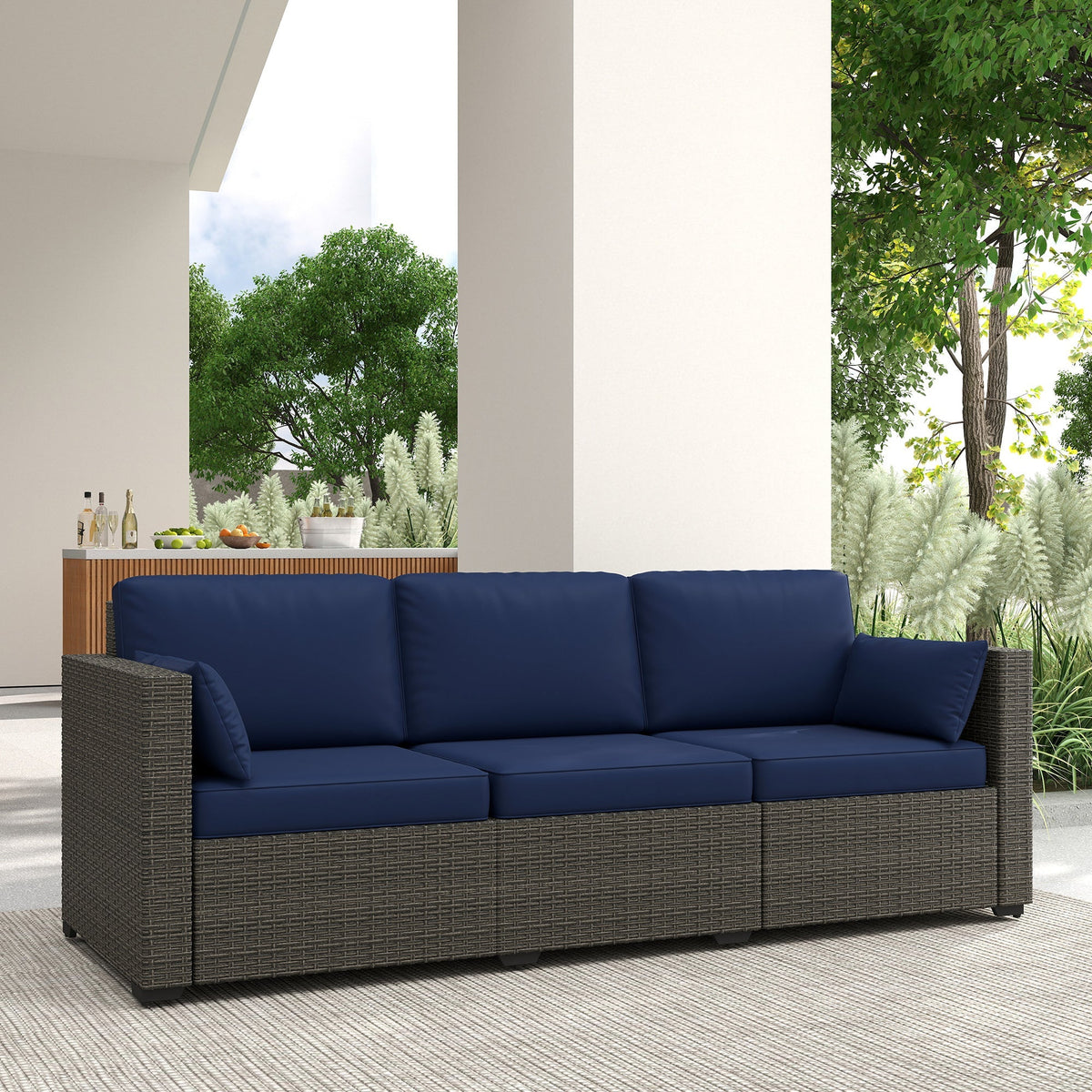 3-Seater PE Wicker Outdoor Sofa with Deep Seating & Removable Cushions, Navy Blue