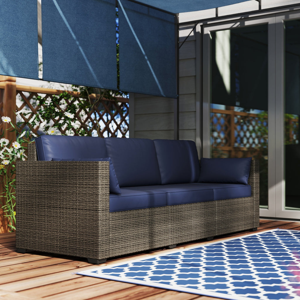3-Seater PE Wicker Outdoor Sofa with Deep Seating & Removable Cushions, Navy Blue