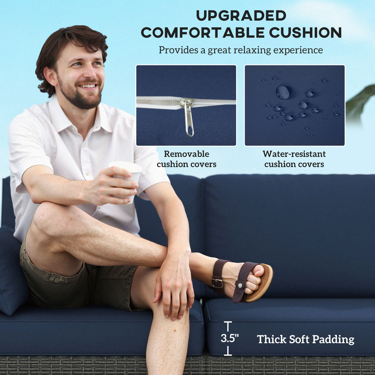 3-Seater PE Wicker Outdoor Sofa with Deep Seating & Removable Cushions, Navy Blue