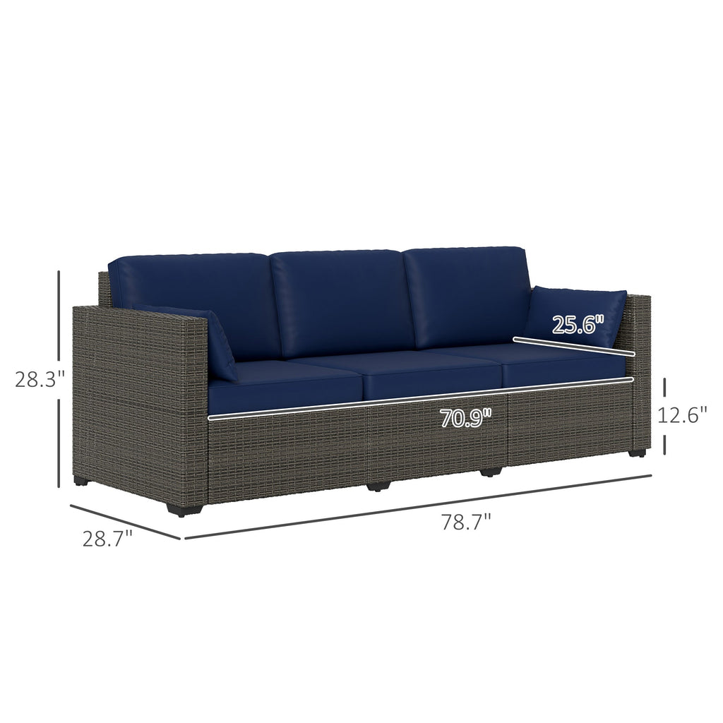 3-Seater PE Wicker Outdoor Sofa with Deep Seating & Removable Cushions, Navy Blue