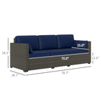 3-Seater PE Wicker Outdoor Sofa with Deep Seating & Removable Cushions, Navy Blue