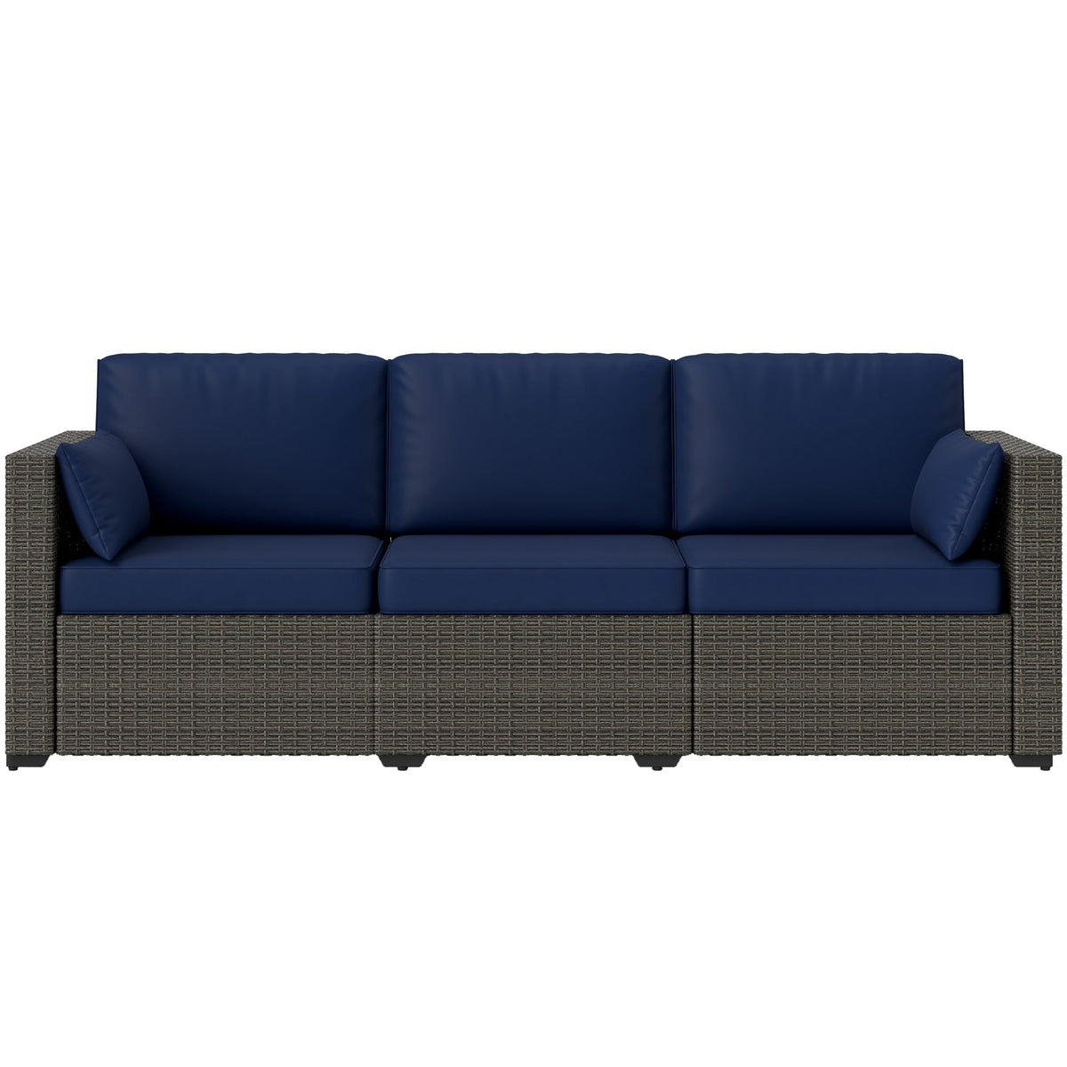 3-Seater PE Wicker Outdoor Sofa with Deep Seating & Removable Cushions, Navy Blue