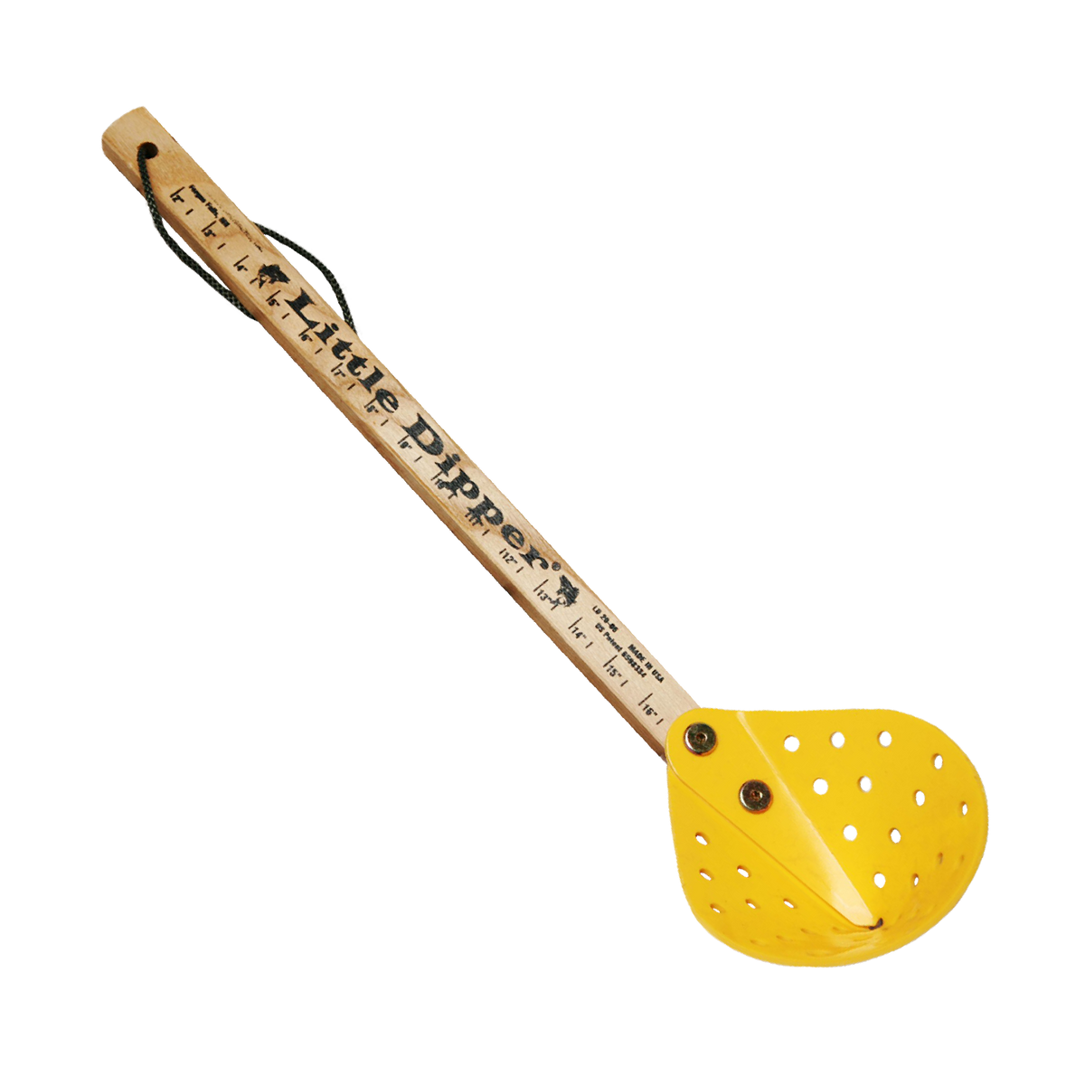 Productive Alternatives Hockey Stick Scoops with a wooden handle labeled "The Little Dipper" and a yellow scoop head with multiple drainage holes.