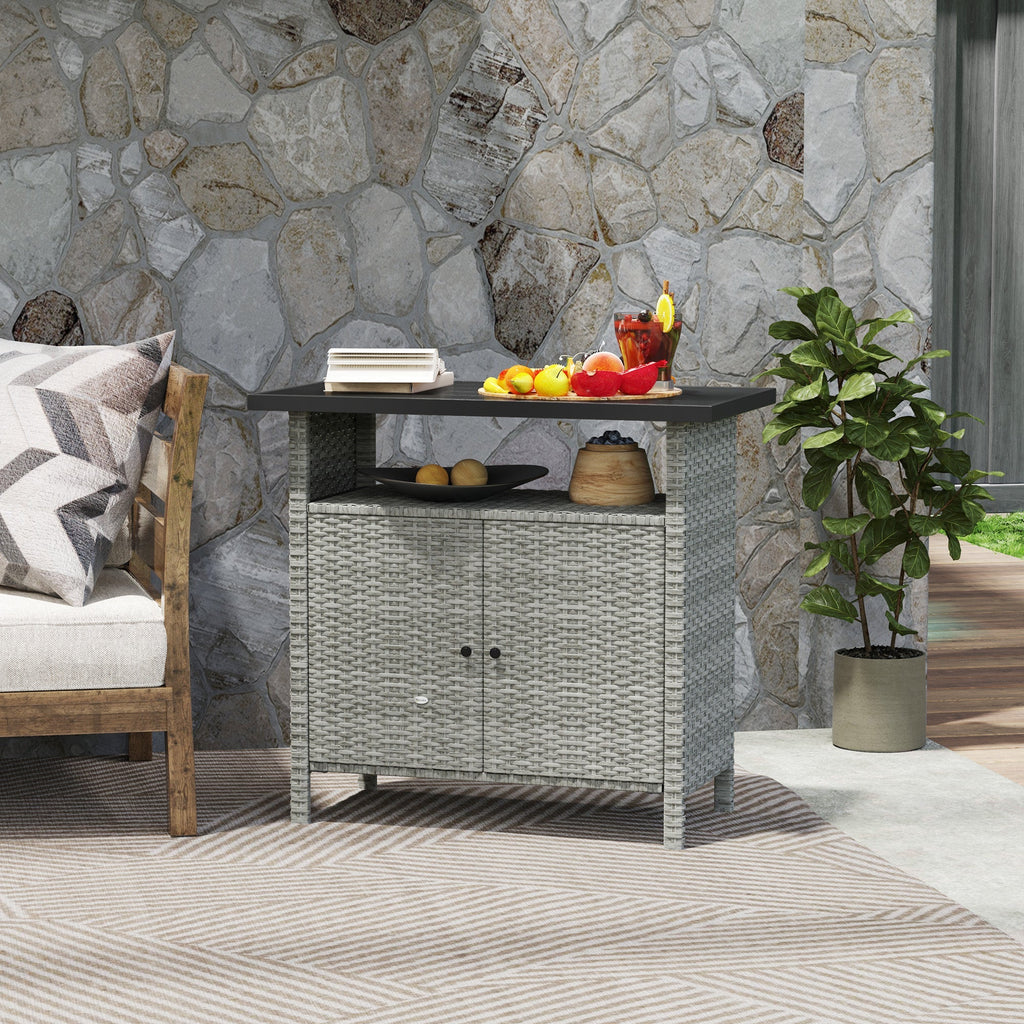 Wicker Outdoor Storage Cabinet with Shelf, Garden Buffet Cabinet Sideboard, Gray