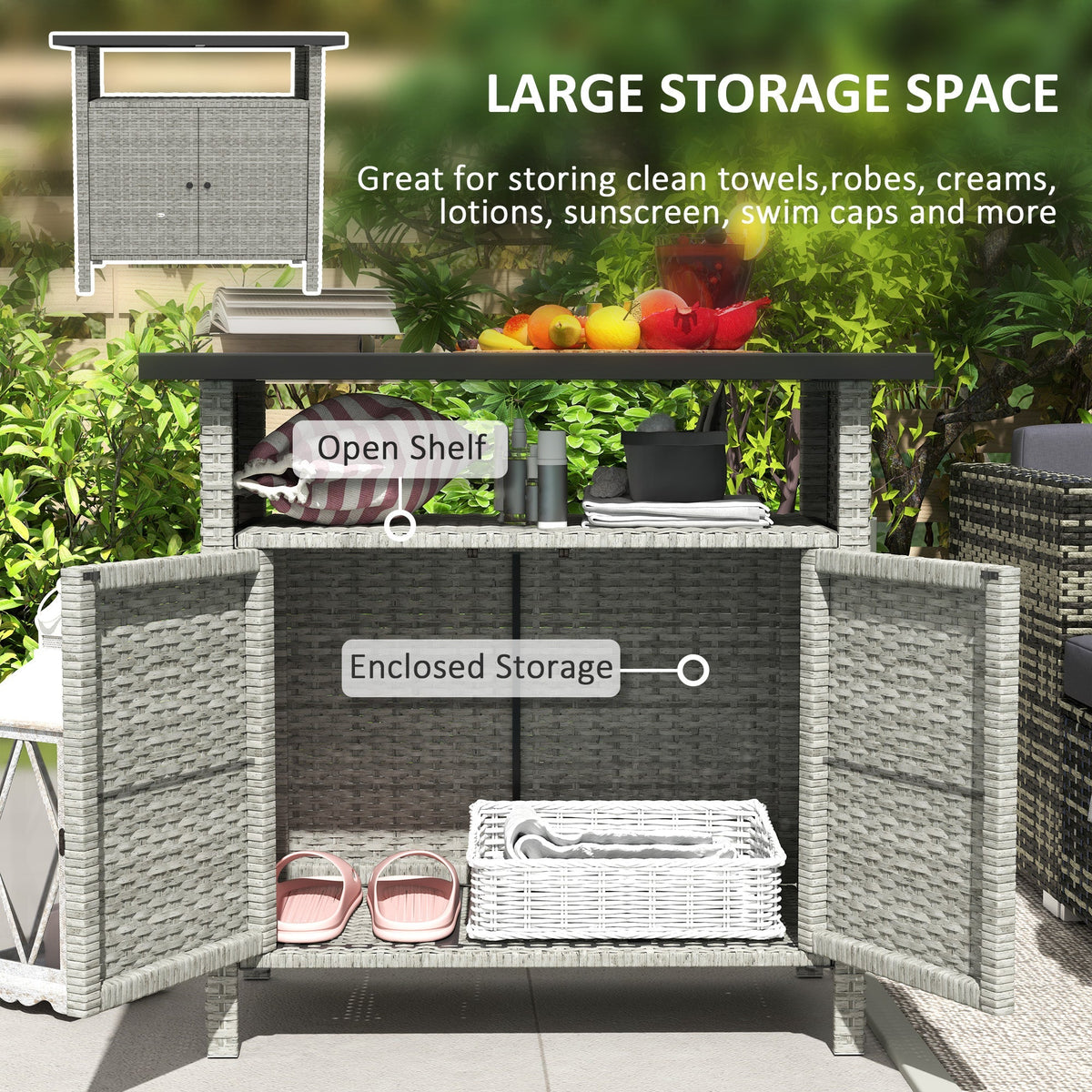 Wicker Outdoor Storage Cabinet with Shelf, Garden Buffet Cabinet Sideboard, Gray