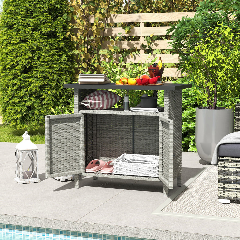 Wicker Outdoor Storage Cabinet with Shelf, Garden Buffet Cabinet Sideboard, Gray