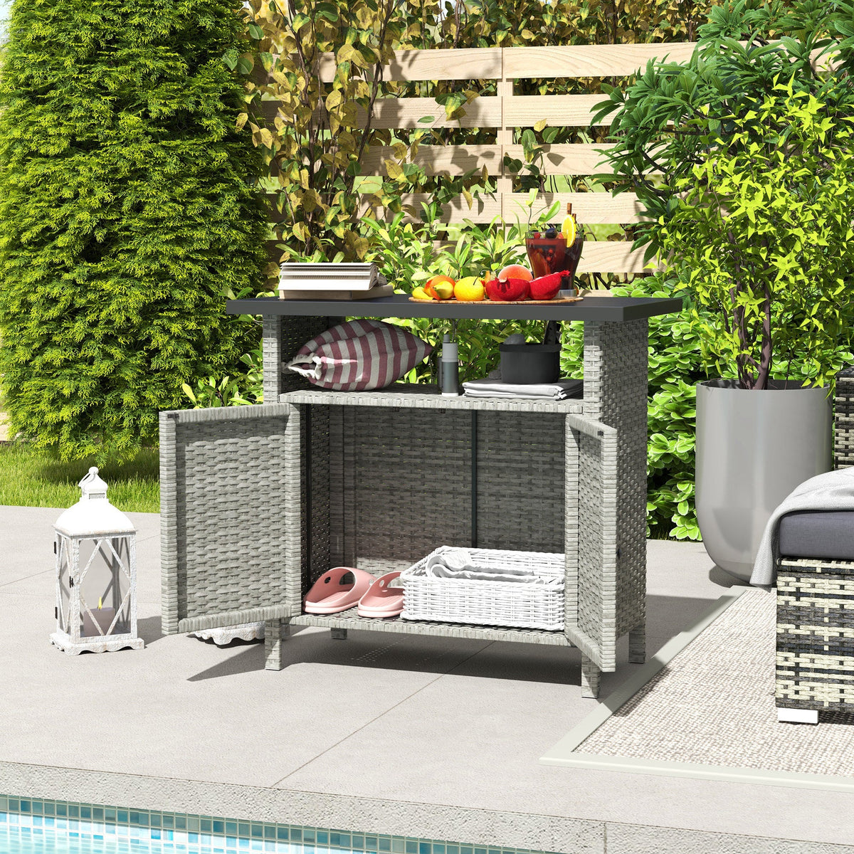 Wicker Outdoor Storage Cabinet with Shelf, Garden Buffet Cabinet Sideboard, Gray