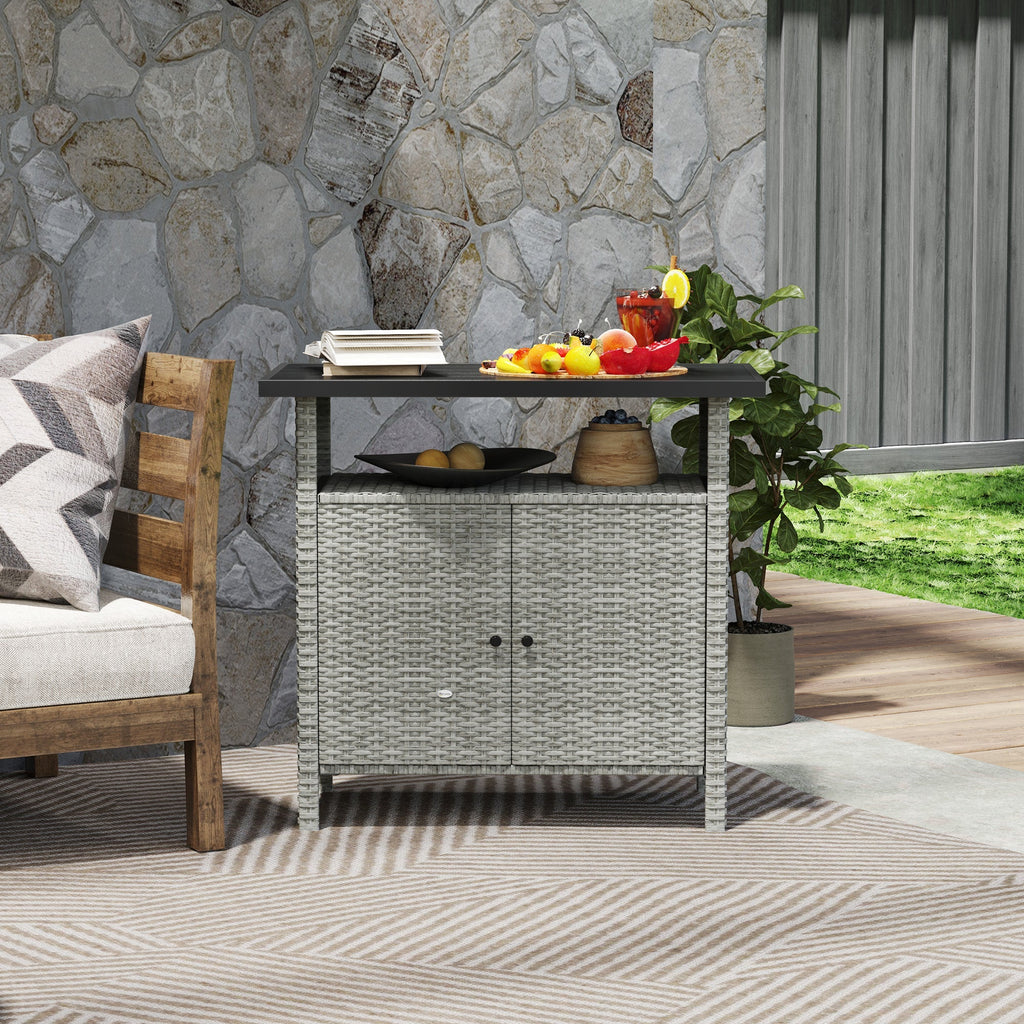 Wicker Outdoor Storage Cabinet with Shelf, Garden Buffet Cabinet Sideboard, Gray