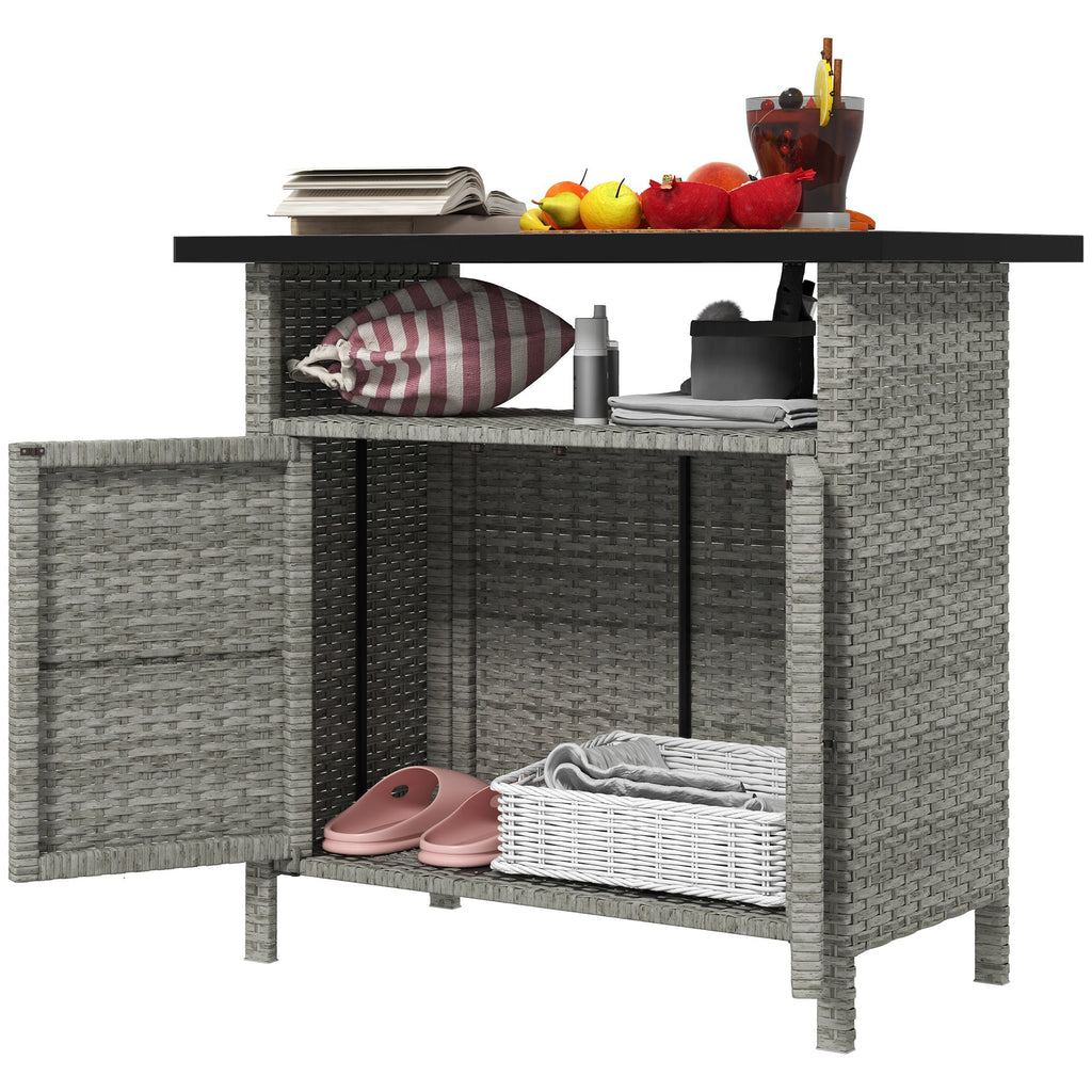 Wicker Outdoor Storage Cabinet with Shelf, Garden Buffet Cabinet Sideboard, Gray