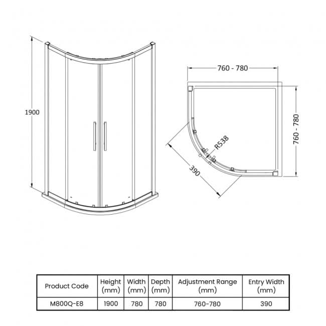 Oasis 8mm Glass 2 Door Quadrant Shower Enclosure
