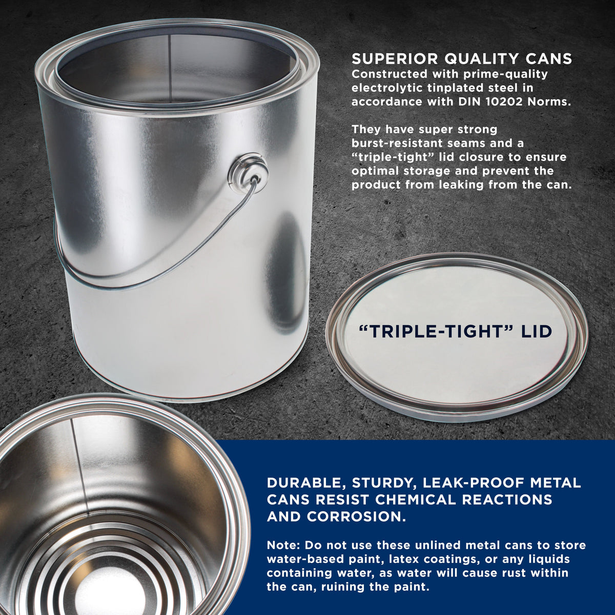1 Gallon Unlined Empty Metal Paint Can Bucket with Lids, Bail Handles, Pack of 2 - Triple Tight Seal, 128 fl. oz. Steel Coating Storage Container Tin