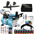 Cool Runner II Dual Fan Air Compressor System Kit with Plus Elite Level Performance Airbrush Set, 6 Acrylic Paint Colors