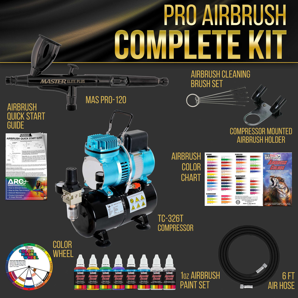 Cool Runner II Dual Fan Air Storage Tank Compressor System Kit, Plus Elite Performance Airbrush Set, 6 Color Acrylic Paints