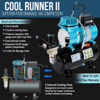 Cool Runner II Dual Fan Air Storage Tank Compressor System Kit, Plus Elite Performance Airbrush Set, 6 Color Acrylic Paints