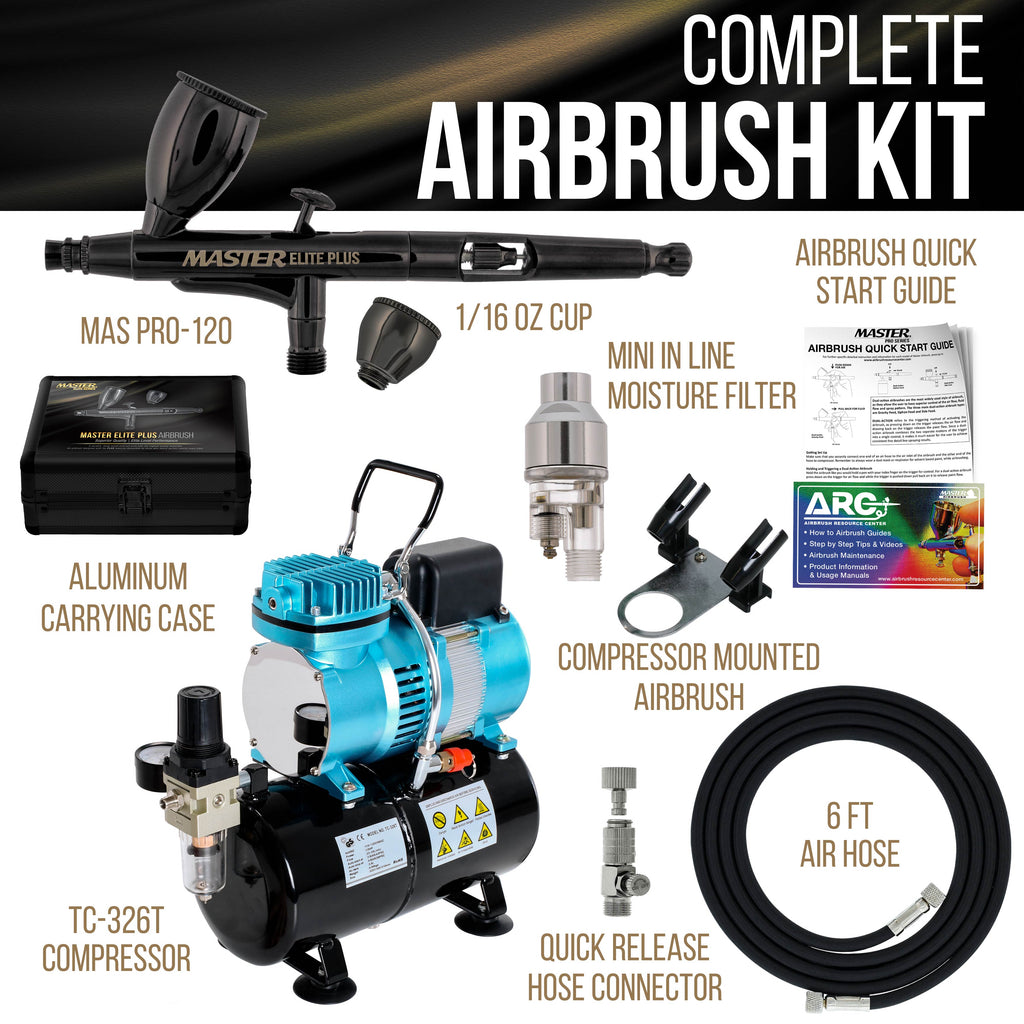 Cool Runner II Dual Fan Air Storage Tank Compressor System Kit with Plus Elite Performance Airbrush Set, Case, 0.3mm Tip