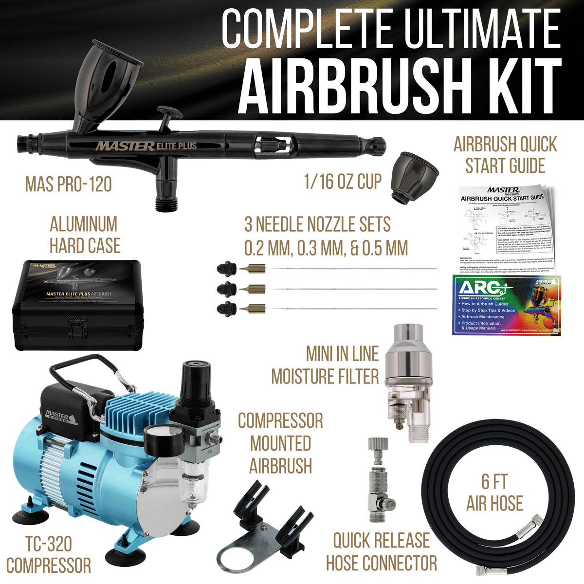 Cool Runner II Dual Fan Air Compressor System Kit with Plus Ultimate Airbrush Set with 3 Tips 0.2, 0.3 and 0.5 mm, Case, Dual-Action