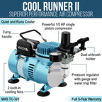 Cool Runner II Dual Fan Air Compressor System Kit with Plus Elite Level Performance Airbrush Set, Case, 0.3mm Tip, 2 Cups