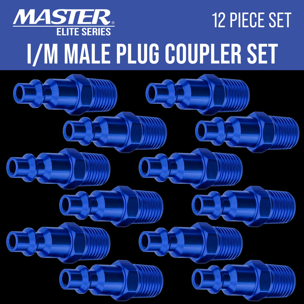 Series 12 Piece Industrial I / M Type Plug Air Fittings Set with 1/4" NPT Male Threads - Attach to Quick-Connect Couplers, Hoses, Compressors, Pneumatic Air Tools, Spray Guns, Sanders