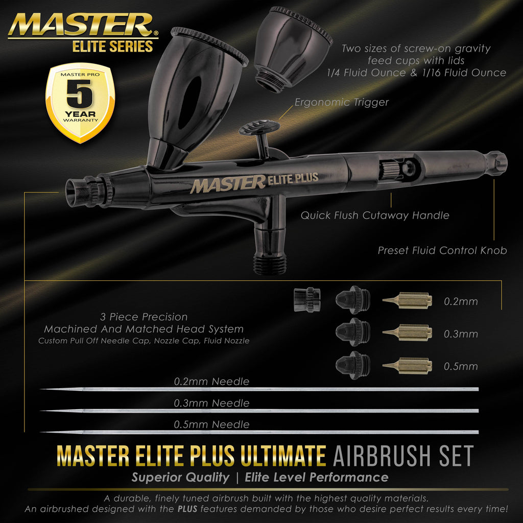 Plus Ultimate Airbrush Set, Model 120 - Elite Level Spray Performance Dual-Action Gravity Feed Airbrush Kit, 0.2, 0.3 and 0.5 mm Tips