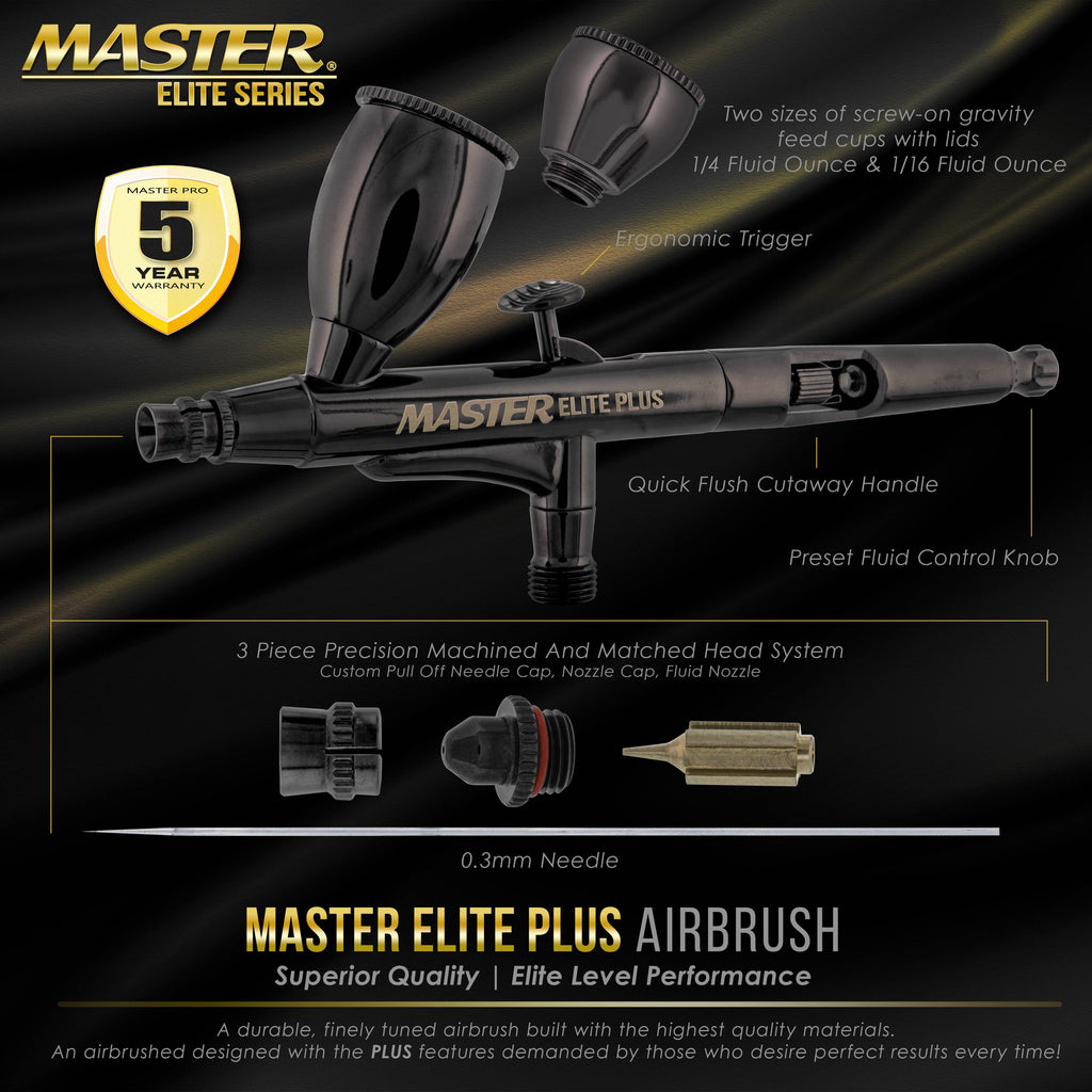 Plus Airbrush Set - Elite Level Performance Dual-Action Gravity Feed Airbrush Kit with Case, 0.3mm Tip, 2 Cups, Filter - Auto, Art, Hobby