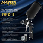 High Performance PRO-33 HVLP Paint Sprayer Gun with 1.4mm Tip, 1L Cup, Regulator Gauge, MPS Adapter
