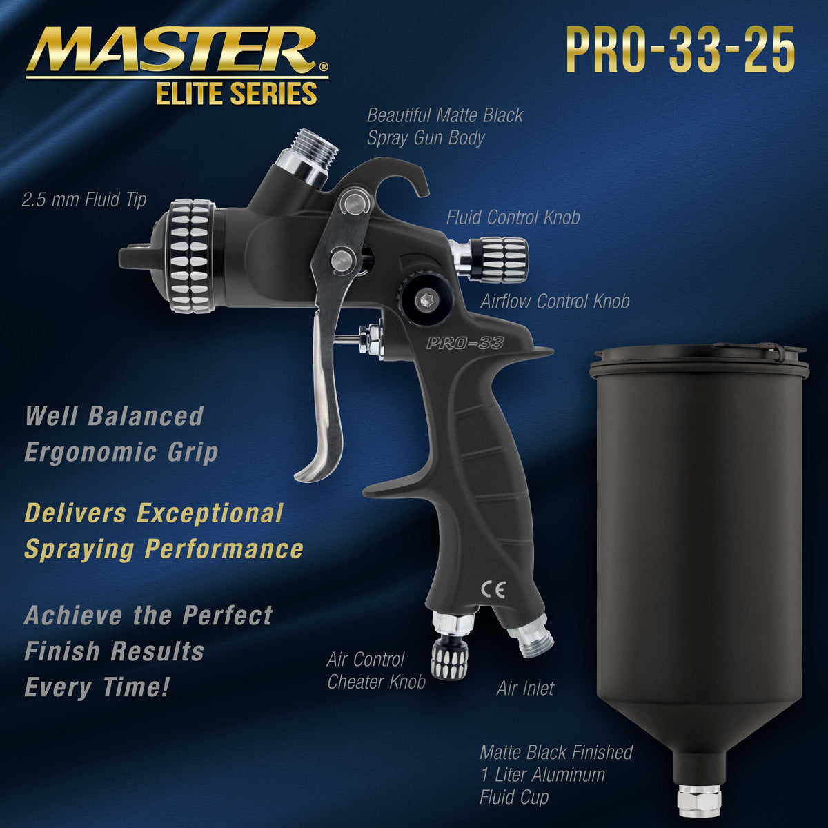 High Performance PRO-33 HVLP Paint Sprayer Gun with 2.5mm Tip, 1L Cup, Regulator Gauge, MPS Adapter