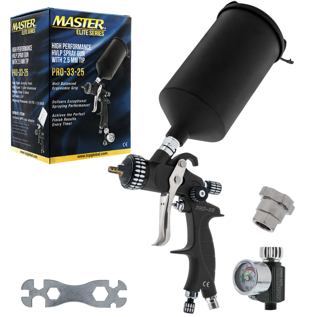 High Performance PRO-33 HVLP Paint Sprayer Gun with 2.5mm Tip, 1L Cup, Regulator Gauge, MPS Adapter